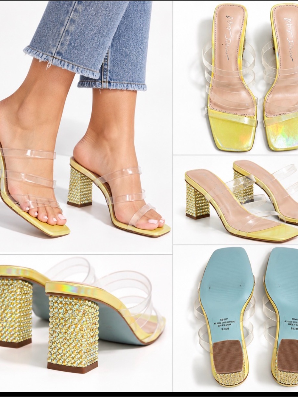✨ Betsey Johnson Capri Yellow Iridescent Rhinestone Heeled Sandals – Size 8